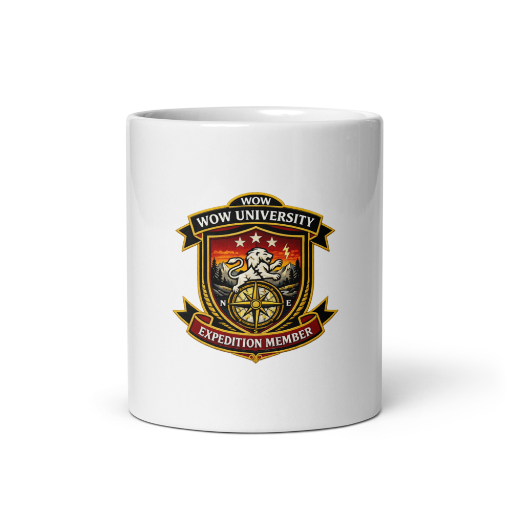 WOWU ExpeditionMember badge White Glossy Mug — Front